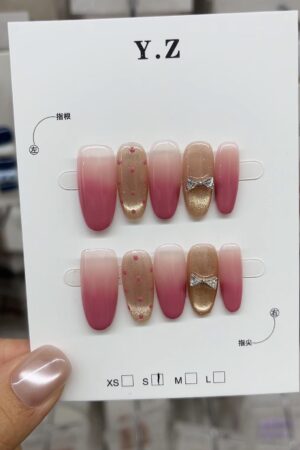 Pink Ombre Press-On Nails with Gold Glitter & Bow Accent