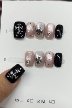 Grunge Cross & Rhinestone Press-On Nails