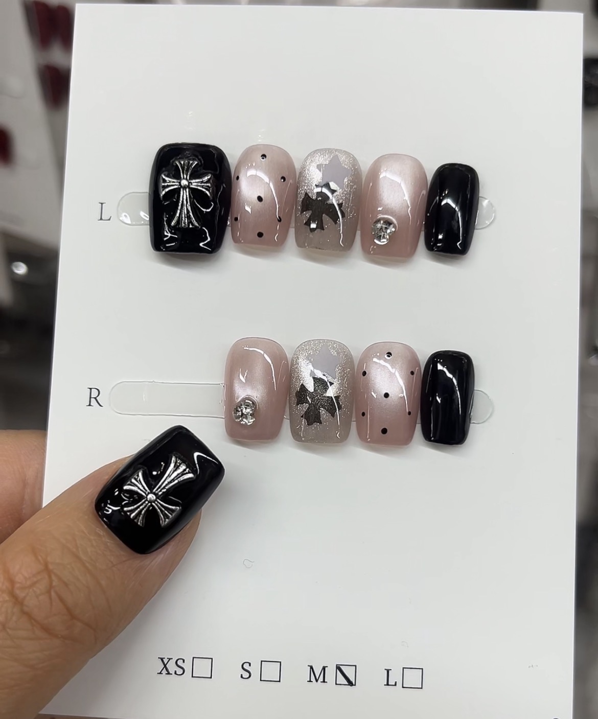 Grunge Cross & Rhinestone Press-On Nails