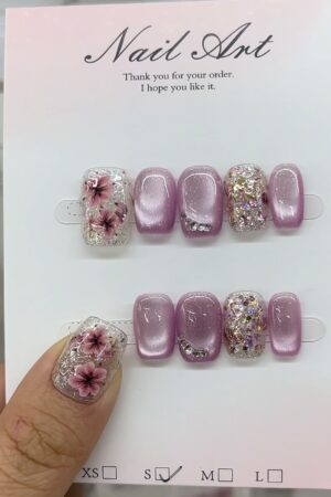 Lavender Flower & Glitter Cat Eye Press-On Nails