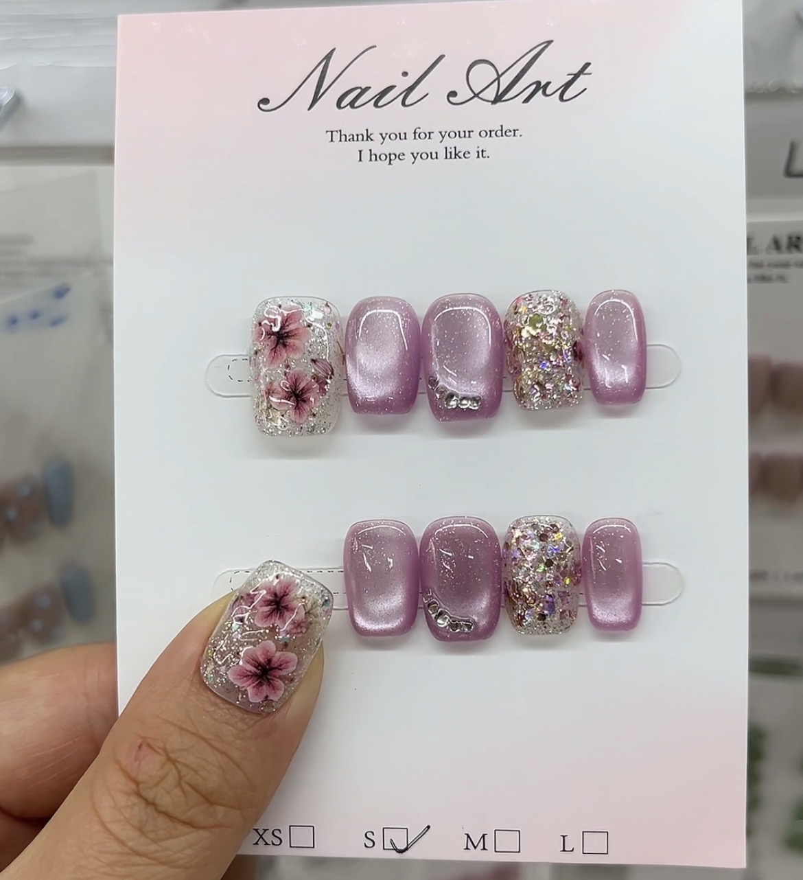 Lavender Flower & Glitter Cat Eye Press-On Nails