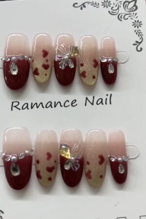 Red French Tip Press-On Nails with Rhinestone & Butterfly Accents