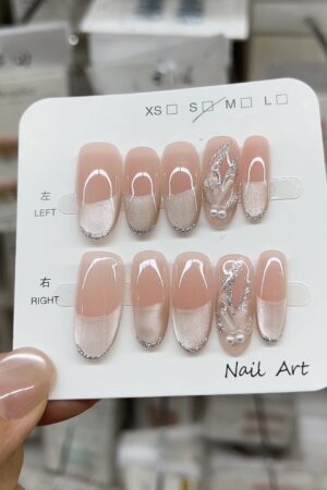 Silver Glitter French Tip Press-On Nails with Pearl Accents