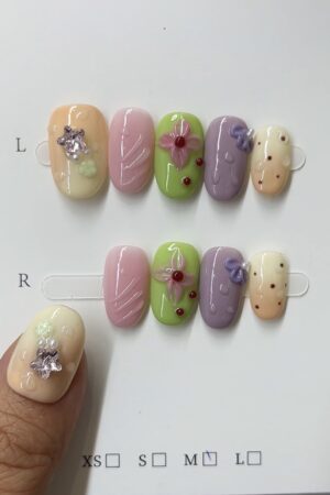 Pastel 3D Flower & Rhinestone Press-On Nails