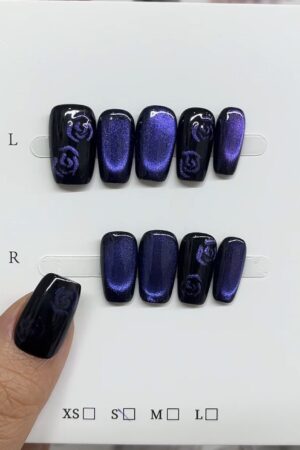 Black & Purple Cat Eye Rose Press-On Nails
