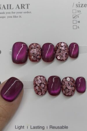 Deep Burgundy Cat Eye & Glitter Press-On Nails