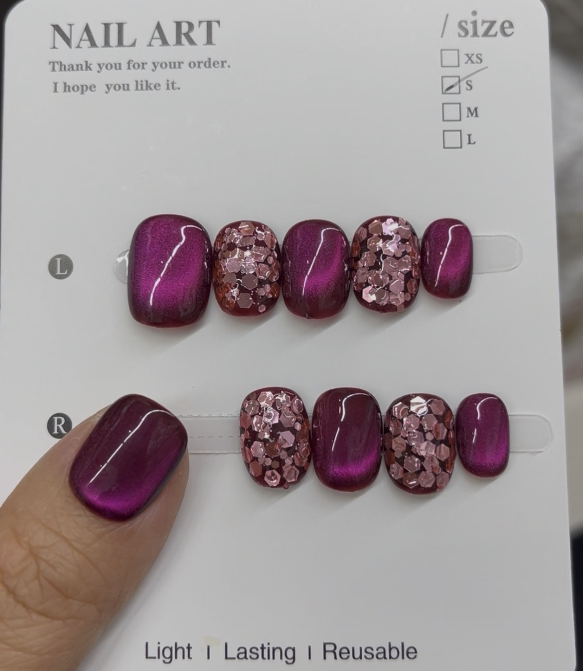 Deep Burgundy Cat Eye & Glitter Press-On Nails